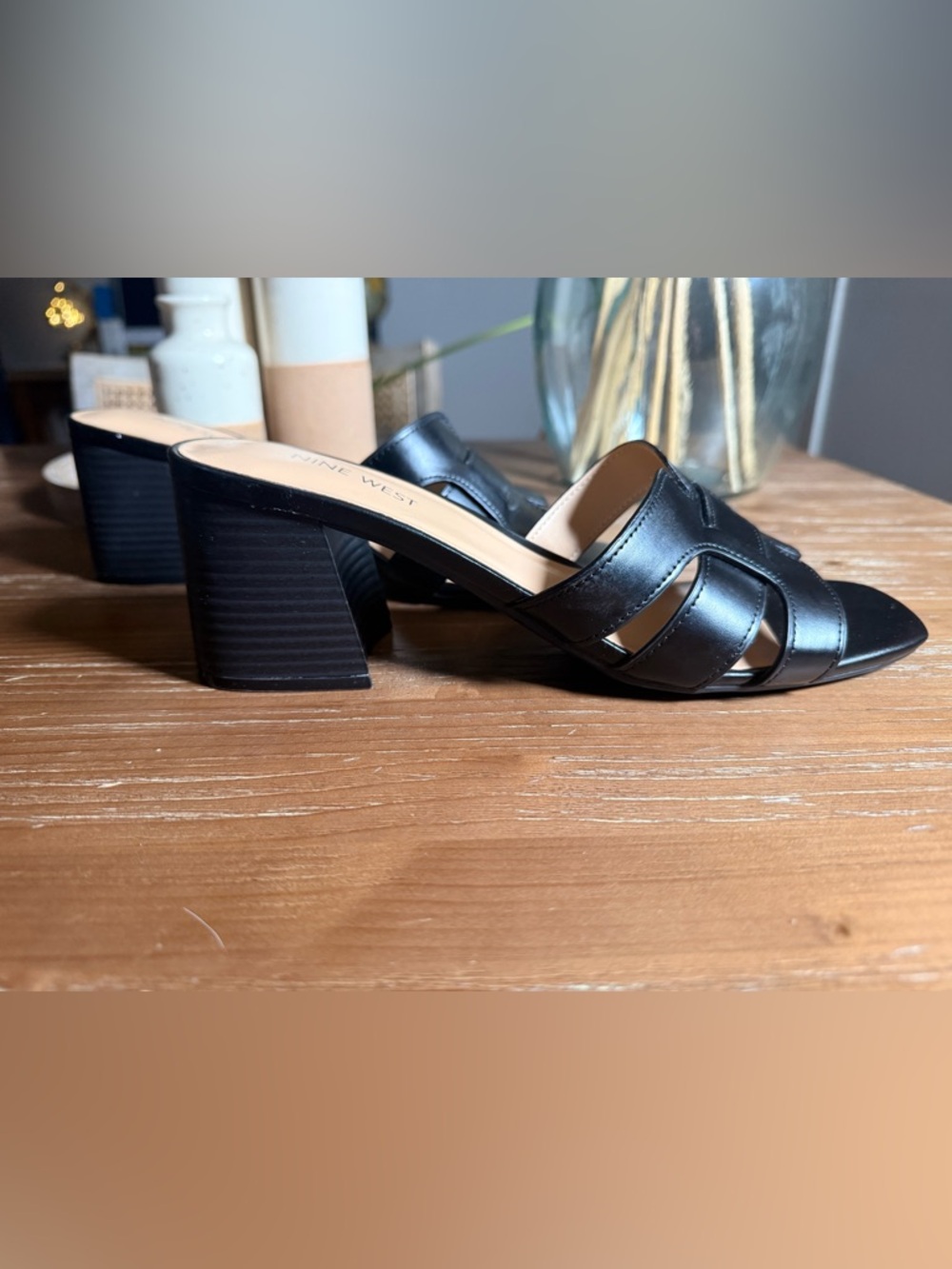 Nine West Black Leather Block Heel Slide Mules